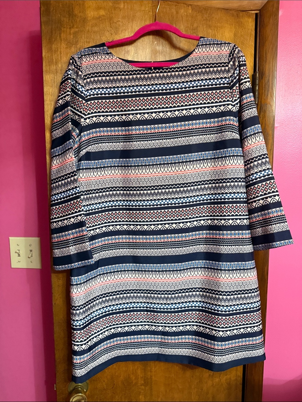 J. Crew Navy, White & Pink Striped Geometric Dress